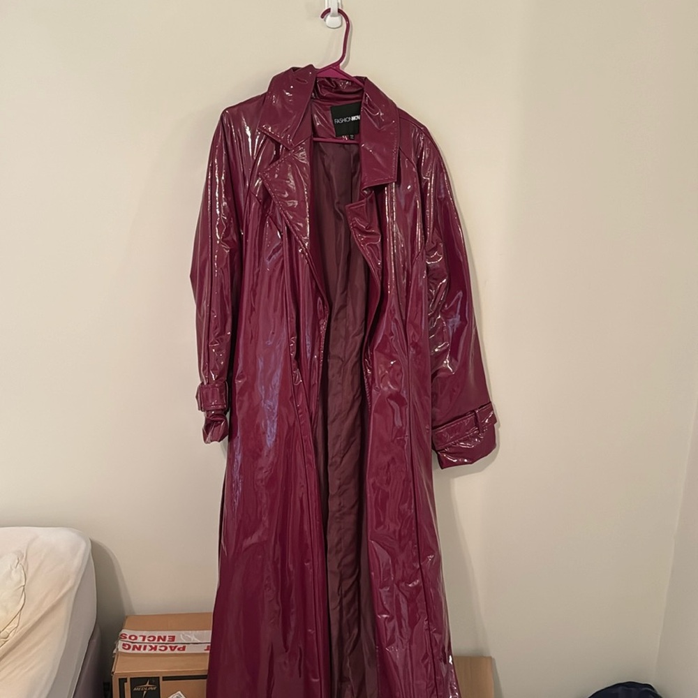 Fashion Nova Burgundy shiny Vinyl Long trenchcoat